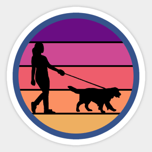 Woman Walking A Dog in Sunset Circle Sticker